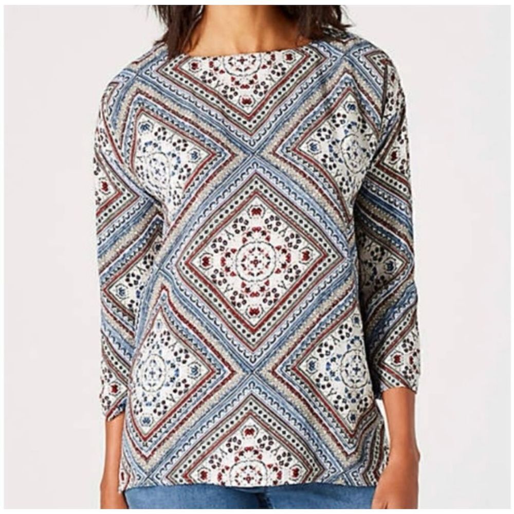 J.Jill Button Back Bandana Tapestry Blouse Red White Blue Size M Petite